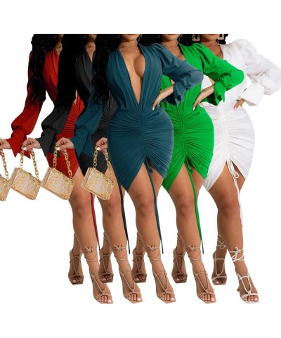 Women's Sexy Deep V Neck Long Sleeve Bodycon Ruched Wrap Mini Dresses Cocktail Mini Dresses for Women Evening Party Drawstrin...