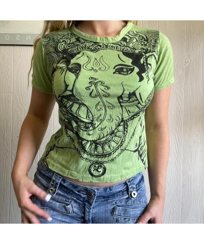 Women Y2K Gothic Short Sleeve T-Shirt Skull Print Oversized Round Neck Tee Vintage Grunge Shirts Harajuku Y-green Two Crew Ne...