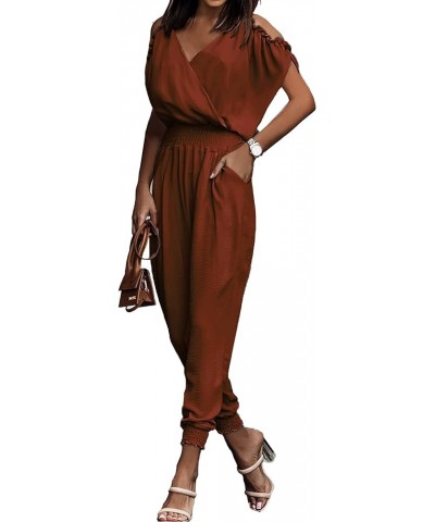 Jumpsuit for Women Casual Wrap V Neck Cold Shoulder One Piece Outfits Pants Romper Red Brown $15.96 Jumpsuits