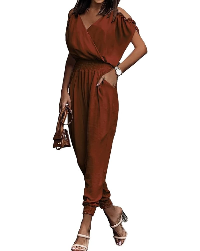 Jumpsuit for Women Casual Wrap V Neck Cold Shoulder One Piece Outfits Pants Romper Red Brown $15.96 Jumpsuits