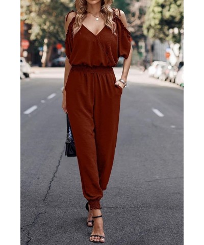 Jumpsuit for Women Casual Wrap V Neck Cold Shoulder One Piece Outfits Pants Romper Red Brown $15.96 Jumpsuits