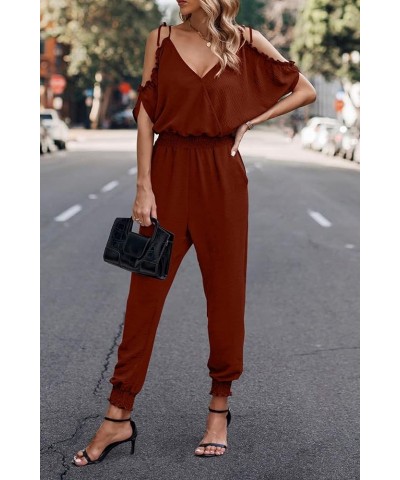 Jumpsuit for Women Casual Wrap V Neck Cold Shoulder One Piece Outfits Pants Romper Red Brown $15.96 Jumpsuits