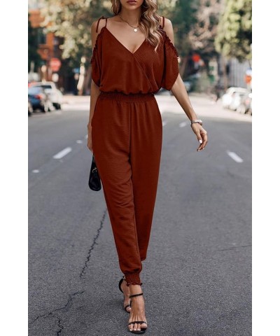 Jumpsuit for Women Casual Wrap V Neck Cold Shoulder One Piece Outfits Pants Romper Red Brown $15.96 Jumpsuits