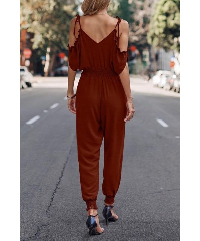 Jumpsuit for Women Casual Wrap V Neck Cold Shoulder One Piece Outfits Pants Romper Red Brown $15.96 Jumpsuits