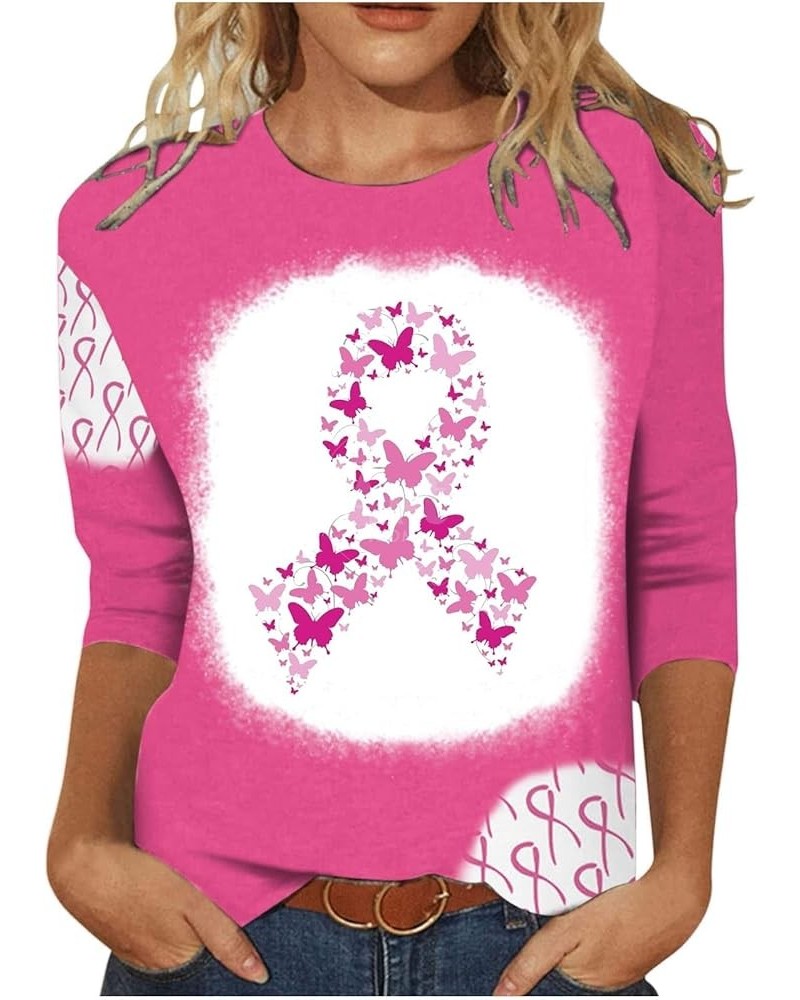 Breast Cancer Awareness Shirts for Women Fashion Color Ribbon Print Pullover Blouses 3/4 Sleeve Causal Tee Tshirt 03 Pink-c $...