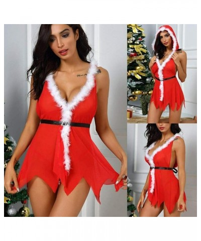 Womens Christmas Lingerie Santa Babydolls Chemise Satin Nightwear Sexy Lace Hollow Deep V Neck Sleepwear Dress 2023 5-red $5....