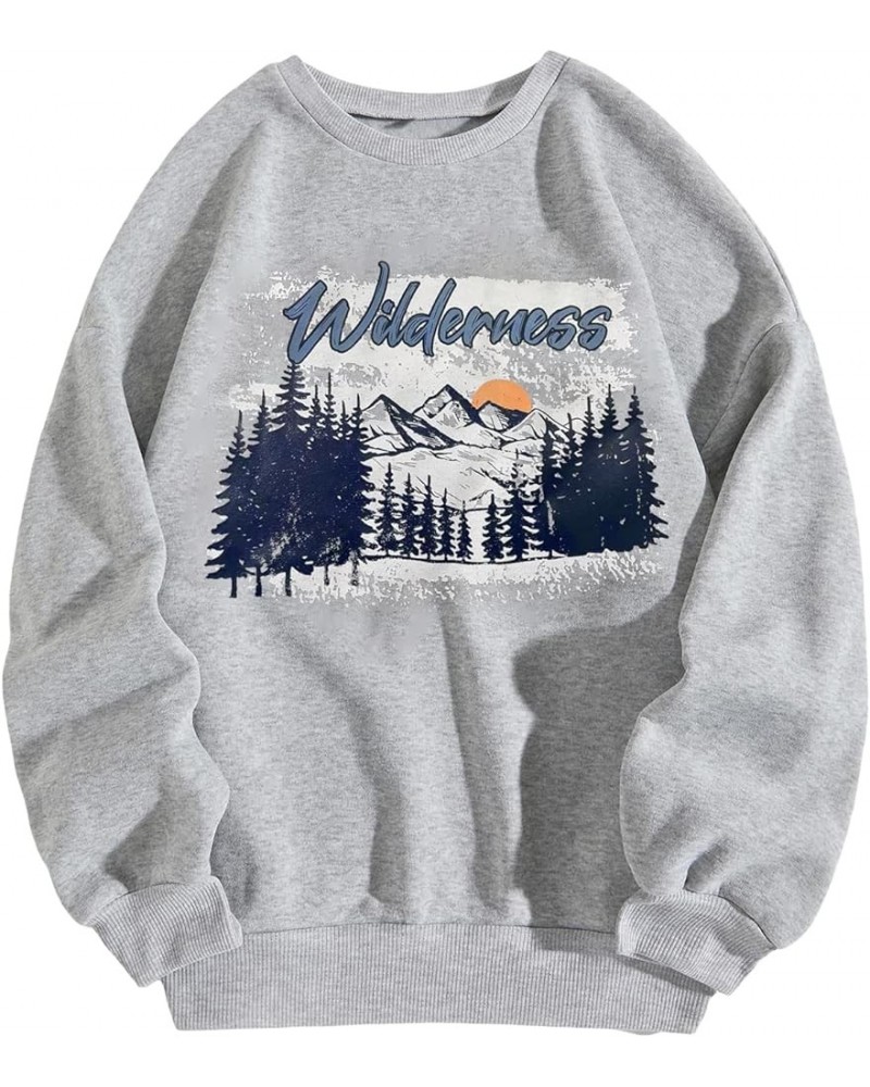 Women's Graphic Crewneck Long Sleeve Oversized Sweatshirt Pullover Tops Wilderness Grey $14.30 Hoodies & Sweatshirts