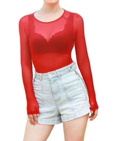 May&Maya Women's Long Sleeve Pure Mesh Blouse Red $8.69 Blouses