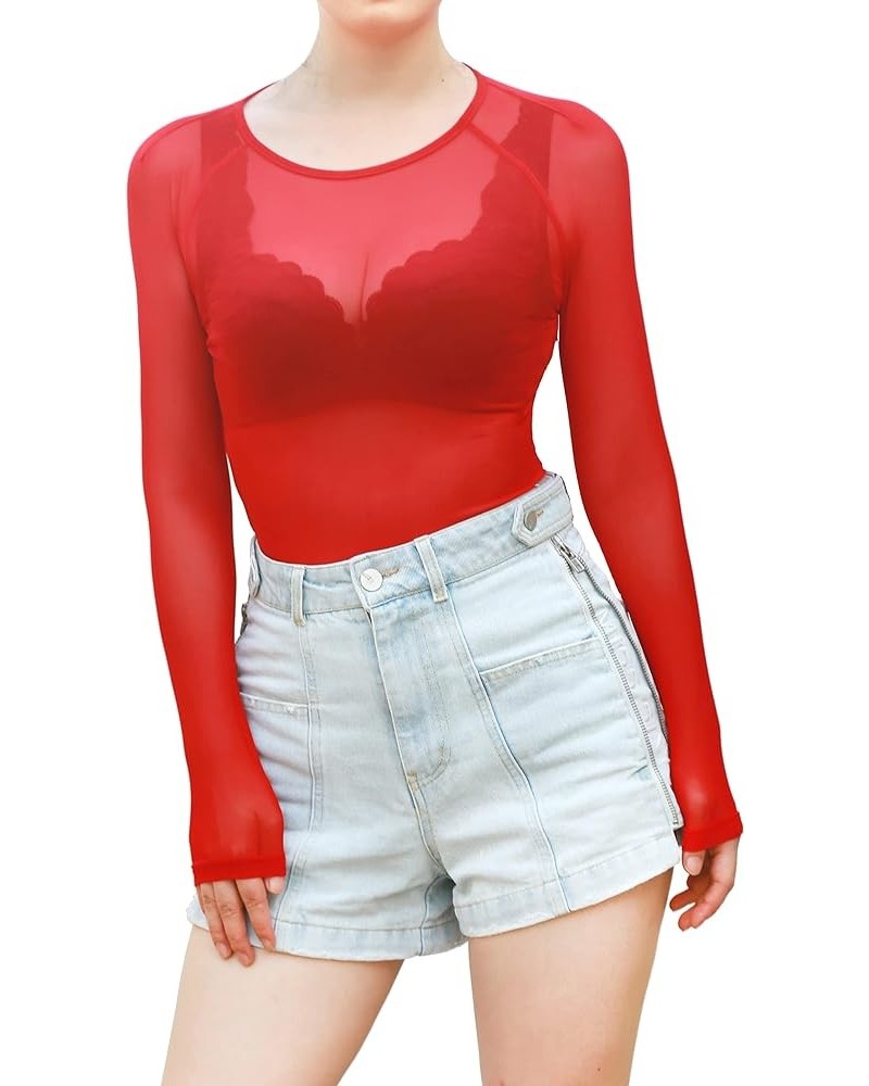 May&Maya Women's Long Sleeve Pure Mesh Blouse Red $8.69 Blouses