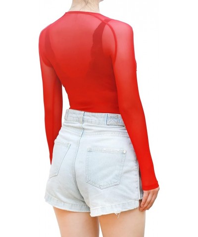 May&Maya Women's Long Sleeve Pure Mesh Blouse Red $8.69 Blouses