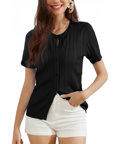 Women's 2024 Summer Short Sleeve Cardigan Crew Neck Crochet Shrug Hollow Out Cropped Sweater Tops Black $11.36 Sweaters