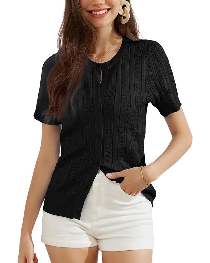 Women's 2024 Summer Short Sleeve Cardigan Crew Neck Crochet Shrug Hollow Out Cropped Sweater Tops Black $11.36 Sweaters