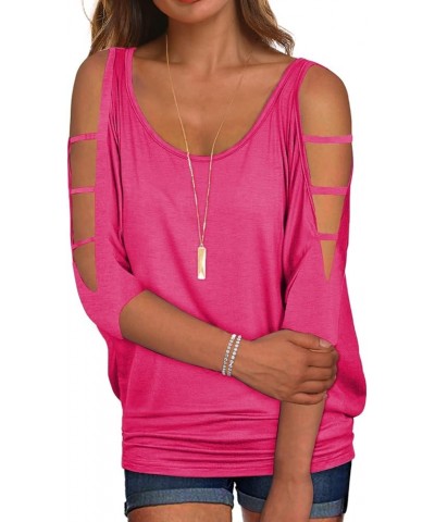 Women's Summer Cold Shoulder 3/4 Sleeve Tops O-Neck Sexy Dolman Shirts Loose Fit Blouse Hot Pink $15.94 Blouses