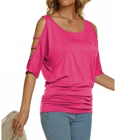 Women's Summer Cold Shoulder 3/4 Sleeve Tops O-Neck Sexy Dolman Shirts Loose Fit Blouse Hot Pink $15.94 Blouses