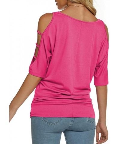 Women's Summer Cold Shoulder 3/4 Sleeve Tops O-Neck Sexy Dolman Shirts Loose Fit Blouse Hot Pink $15.94 Blouses