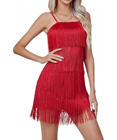 Women's Sexy Two Piece Outfit Fringe Sleeveless Cami and Short Skirt Sets Red $24.93 Suits