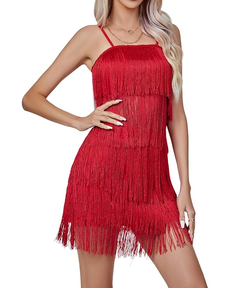 Women's Sexy Two Piece Outfit Fringe Sleeveless Cami and Short Skirt Sets Red $24.93 Suits