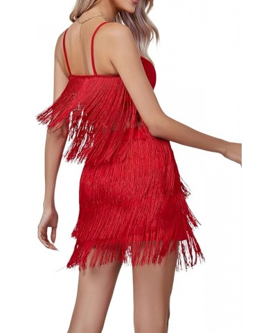 Women's Sexy Two Piece Outfit Fringe Sleeveless Cami and Short Skirt Sets Red $24.93 Suits