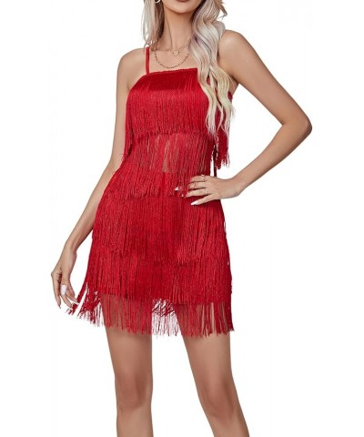 Women's Sexy Two Piece Outfit Fringe Sleeveless Cami and Short Skirt Sets Red $24.93 Suits