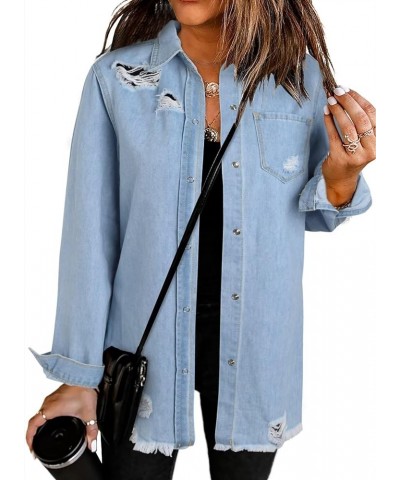 Women's Oversized Denim Jacket Casual Long Boyfriend Distresse Jean Jacket Autumn Spring A1 Sky Blue $17.96 Jackets