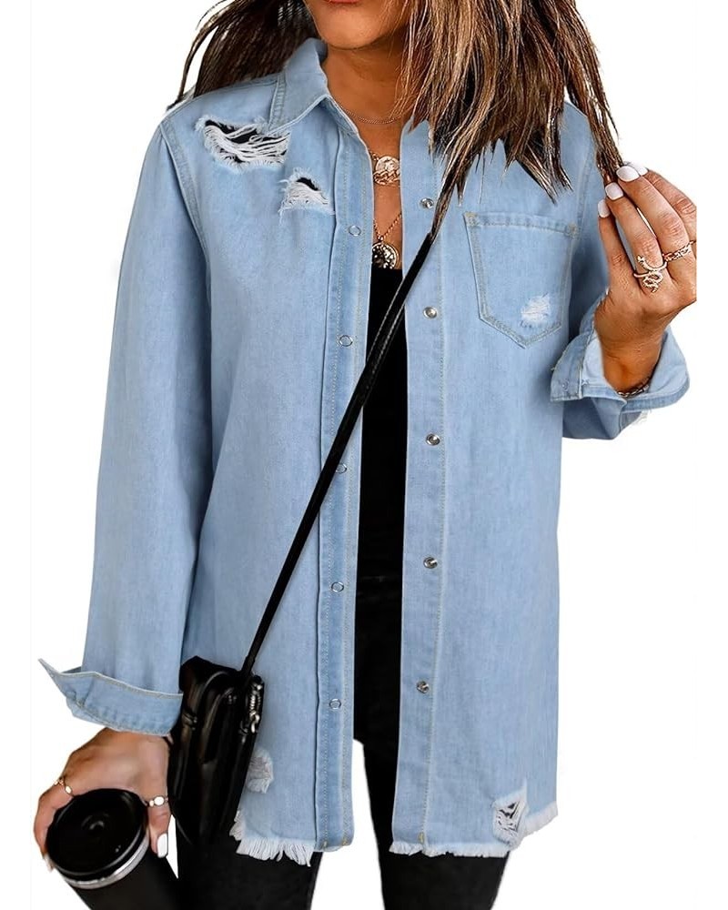 Women's Oversized Denim Jacket Casual Long Boyfriend Distresse Jean Jacket Autumn Spring A1 Sky Blue $17.96 Jackets