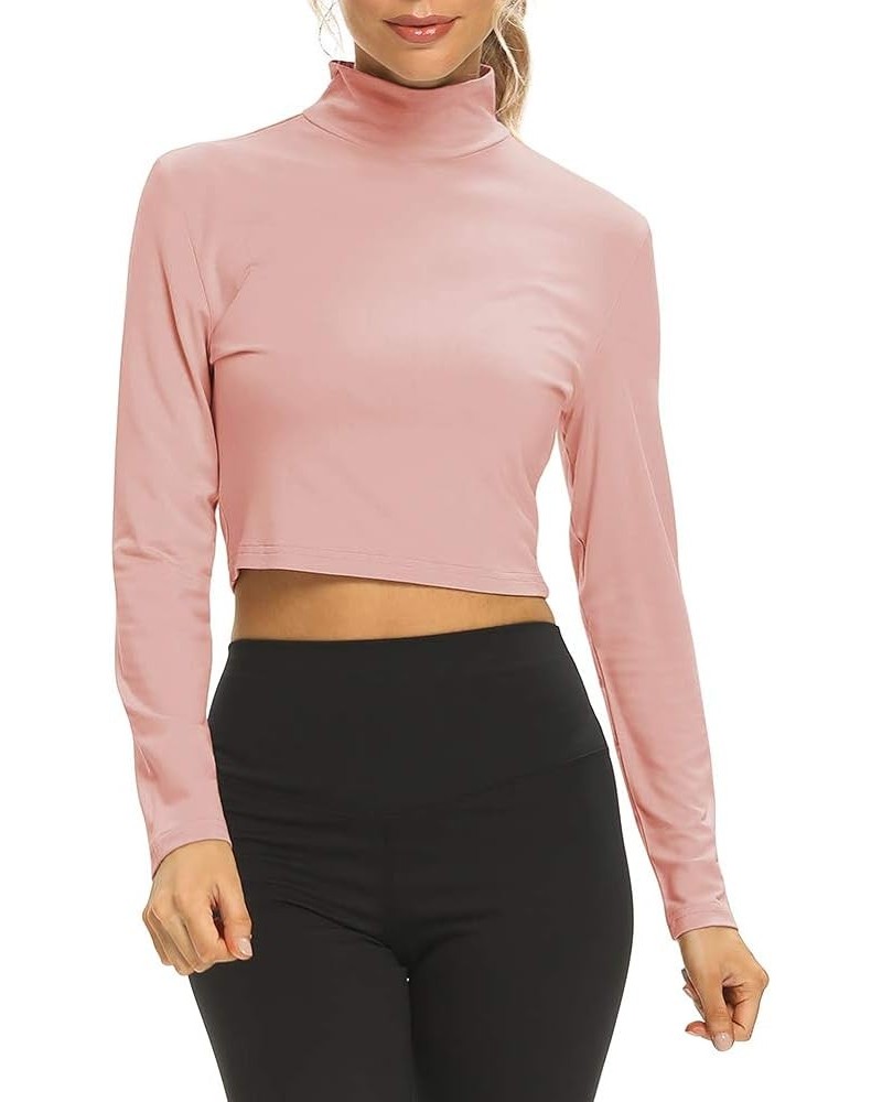 Women's Mock Turtleneck Long Sleeve Crop Tops Slim Fit Casual T-Shirts for Women Pink $10.19 Tops