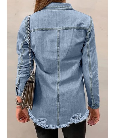 Women's Oversized Denim Jacket Casual Long Boyfriend Distresse Jean Jacket Autumn Spring A1 Sky Blue $17.96 Jackets