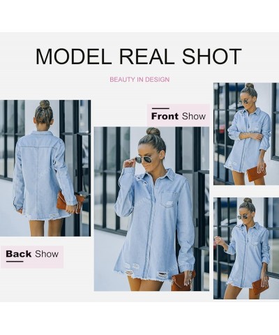 Women's Oversized Denim Jacket Casual Long Boyfriend Distresse Jean Jacket Autumn Spring A1 Sky Blue $17.96 Jackets