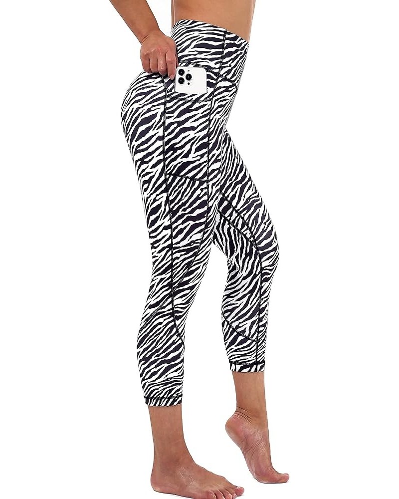 Womens Printed Tummy Control Yoga Workout Leggings Pocket Yogacapris-zebra $15.65 Activewear