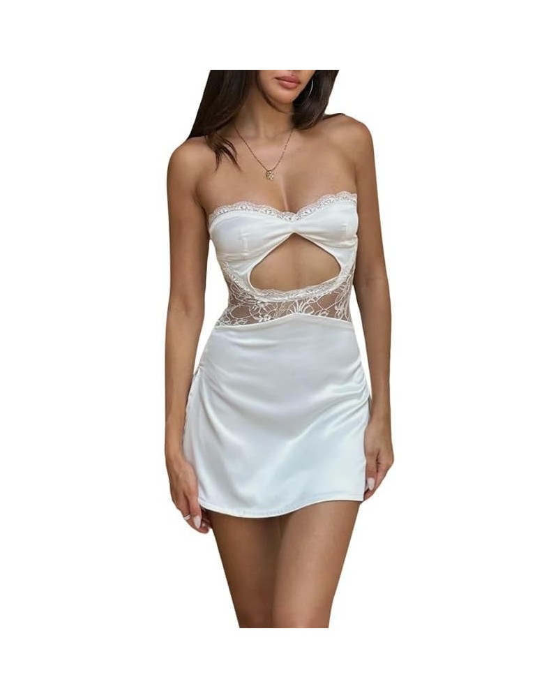 Strapless Off Shoulder Bodycon Mini Dress Sexy Hollow Out Bandeau Tube Dresses Club Party Short Dress Beach Wear Ru- White $1...