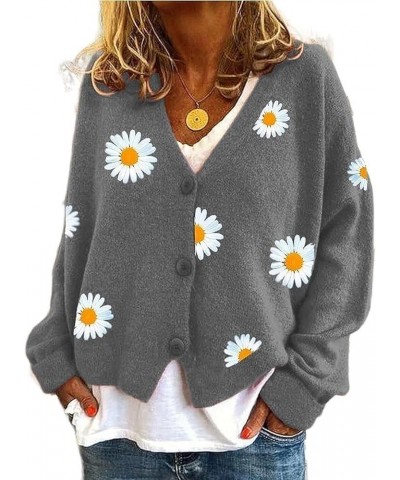 Women's Cute Daisy Flower Knit Cardigan Retro Aesthetics 90s Long Sleeve Button Open Front Sweater Y2K Tops Three Buttons Gre...