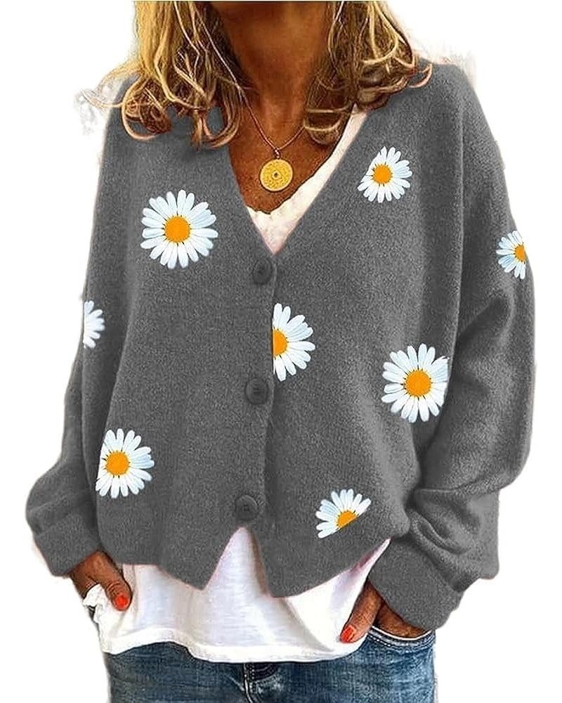 Women's Cute Daisy Flower Knit Cardigan Retro Aesthetics 90s Long Sleeve Button Open Front Sweater Y2K Tops Three Buttons Gre...