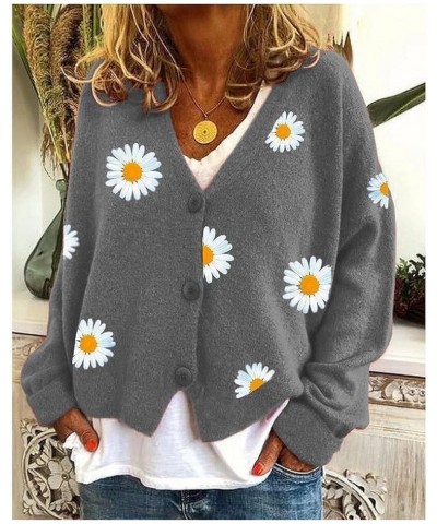 Women's Cute Daisy Flower Knit Cardigan Retro Aesthetics 90s Long Sleeve Button Open Front Sweater Y2K Tops Three Buttons Gre...