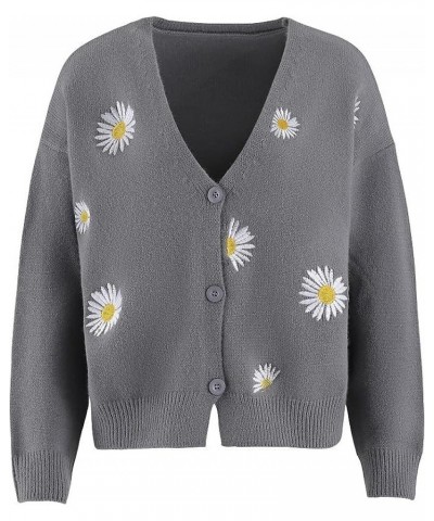 Women's Cute Daisy Flower Knit Cardigan Retro Aesthetics 90s Long Sleeve Button Open Front Sweater Y2K Tops Three Buttons Gre...