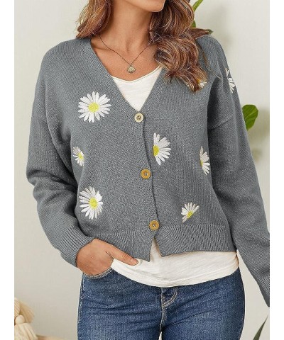 Women's Cute Daisy Flower Knit Cardigan Retro Aesthetics 90s Long Sleeve Button Open Front Sweater Y2K Tops Three Buttons Gre...