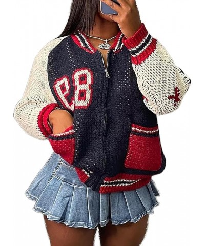 Womens Knitted Sweater Varsity Jacket Letter Print Color Block Coat Loose Casual Fall Winter Outer with Pockets Dark Blue $16...