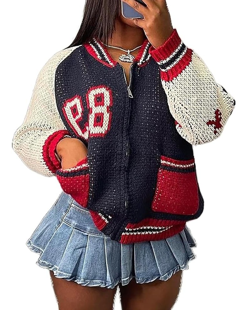 Womens Knitted Sweater Varsity Jacket Letter Print Color Block Coat Loose Casual Fall Winter Outer with Pockets Dark Blue $16...