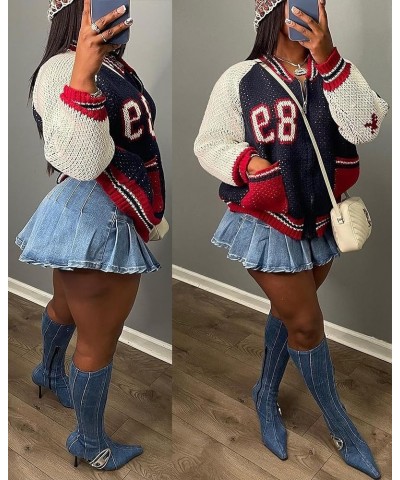 Womens Knitted Sweater Varsity Jacket Letter Print Color Block Coat Loose Casual Fall Winter Outer with Pockets Dark Blue $16...