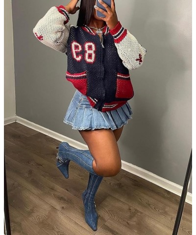 Womens Knitted Sweater Varsity Jacket Letter Print Color Block Coat Loose Casual Fall Winter Outer with Pockets Dark Blue $16...