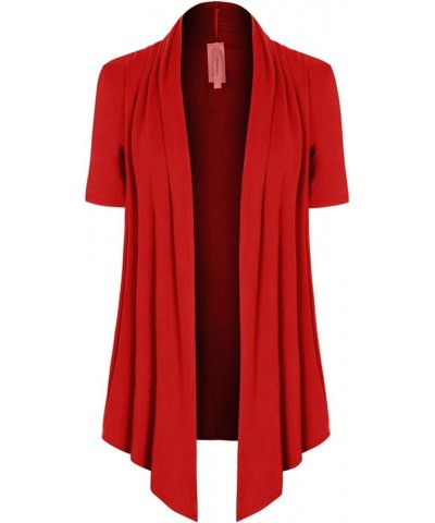 Women's [Made in USA] Solid Jersey Knit Short Sleeve Open Front Draped Cardigan (S-3XL) Red $9.95 Sweaters