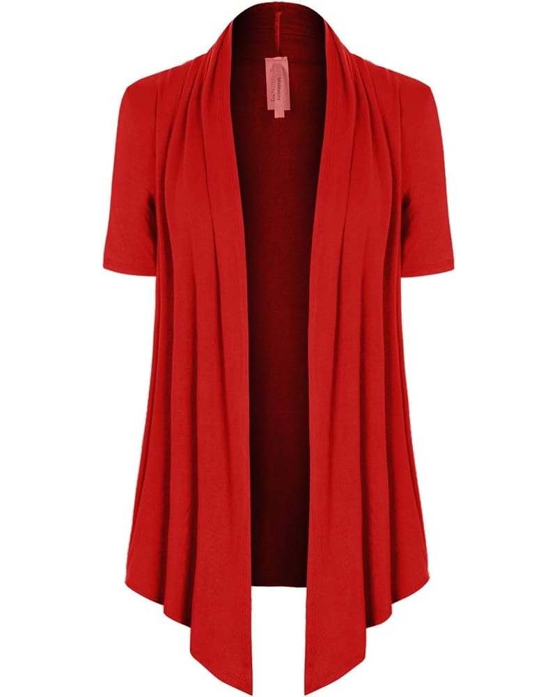 Women's [Made in USA] Solid Jersey Knit Short Sleeve Open Front Draped Cardigan (S-3XL) Red $9.95 Sweaters