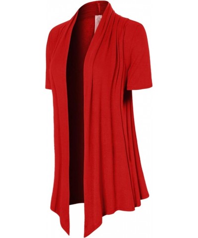 Women's [Made in USA] Solid Jersey Knit Short Sleeve Open Front Draped Cardigan (S-3XL) Red $9.95 Sweaters