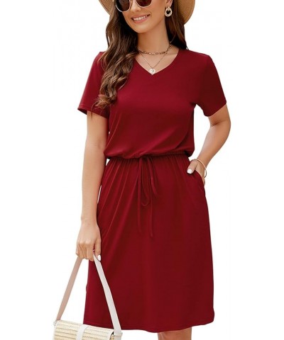 Women Summer Casual Midi Dresses Short Sleeve V Neck Drawstring Knee Length T Shirt Dress with Split and Pocket Wine Red $19....