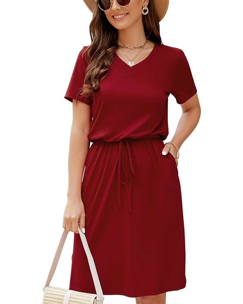 Women Summer Casual Midi Dresses Short Sleeve V Neck Drawstring Knee Length T Shirt Dress with Split and Pocket Wine Red $19....