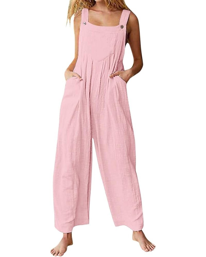 Summer Linen Overalls For Women Loose Fit Jumpsuits Plus Size Linen Baggy Beach Rompers Wide Leg Pants with Pockets 19-pink $...