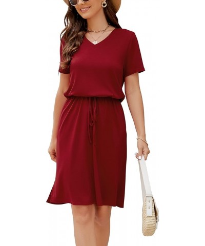 Women Summer Casual Midi Dresses Short Sleeve V Neck Drawstring Knee Length T Shirt Dress with Split and Pocket Wine Red $19....