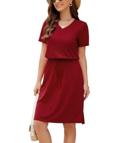 Women Summer Casual Midi Dresses Short Sleeve V Neck Drawstring Knee Length T Shirt Dress with Split and Pocket Wine Red $19....