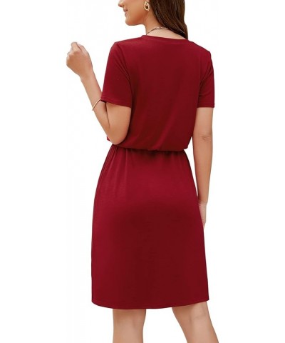 Women Summer Casual Midi Dresses Short Sleeve V Neck Drawstring Knee Length T Shirt Dress with Split and Pocket Wine Red $19....