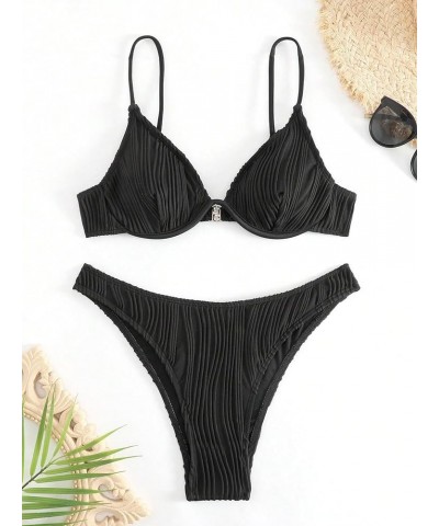 Women's Two Piece Cherry Print High Cut Underwire Triangle Bikini Swimsuit Plain Textured Black $12.00 Swimsuits