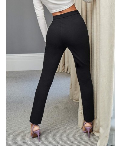 Women's Elegant Elastic Waist Skinny High Waist Pants Pure Black Solid $11.59 Pants